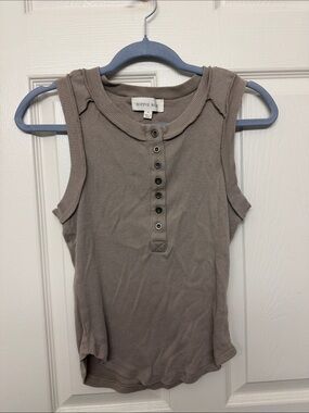 Hippie Rose Taupe Ribbed Henley Tank - Button Front